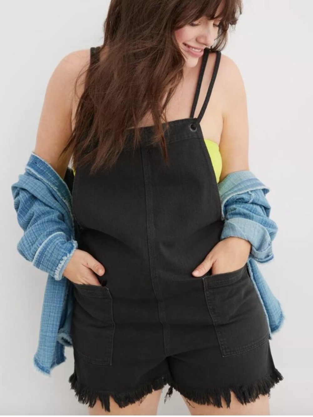 aerie Black Denim Short Overalls